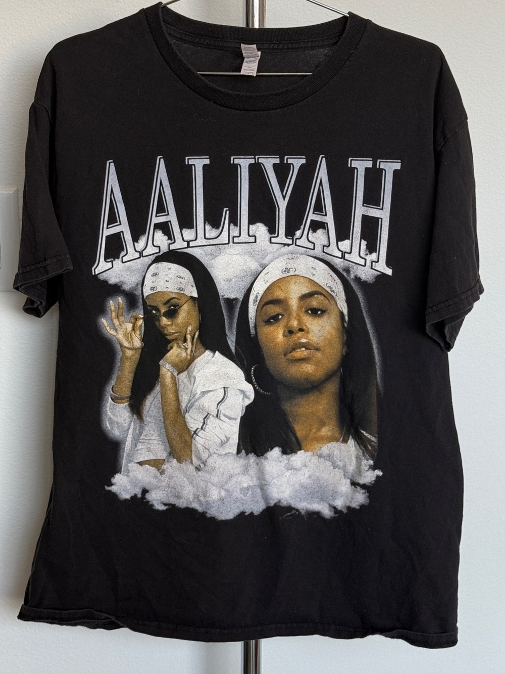 Vintage Black Aaliyah Graphic Tee with White and Gray Print